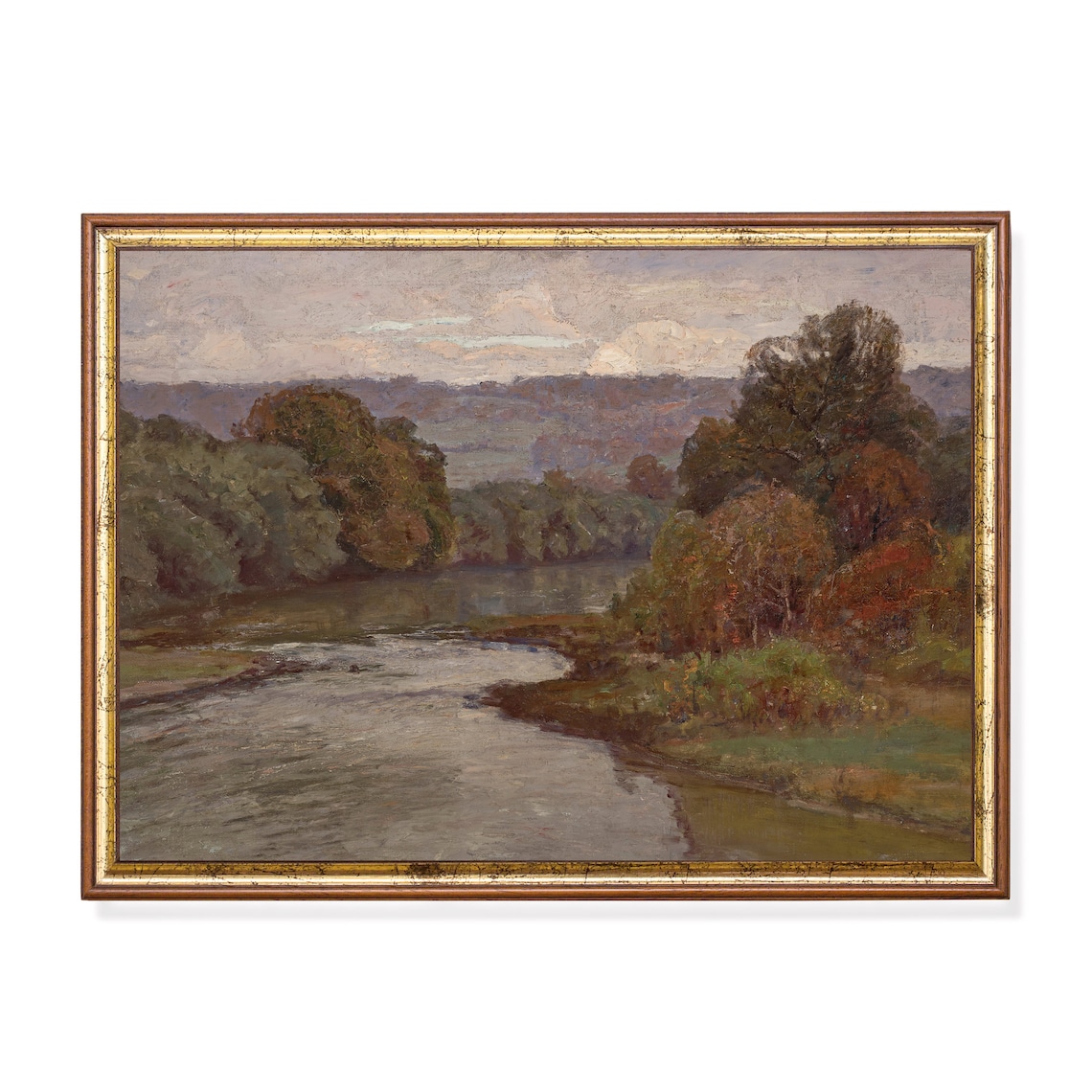 Autumn River Winding Through Wooded Hills Rustic Landscape Poster