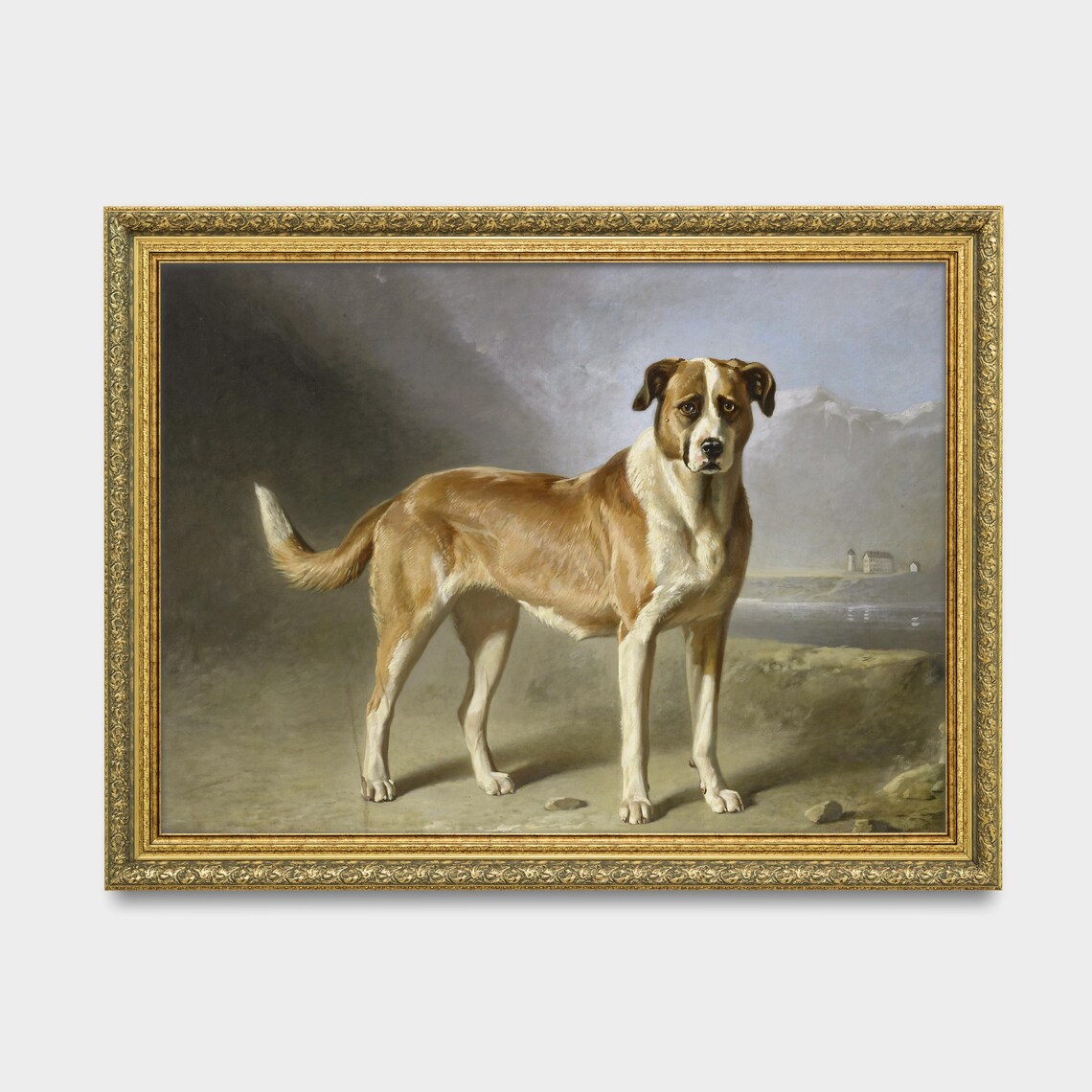 Vintage Tan and White Hunting Dog Painting Mountain Art Poster - Image 2