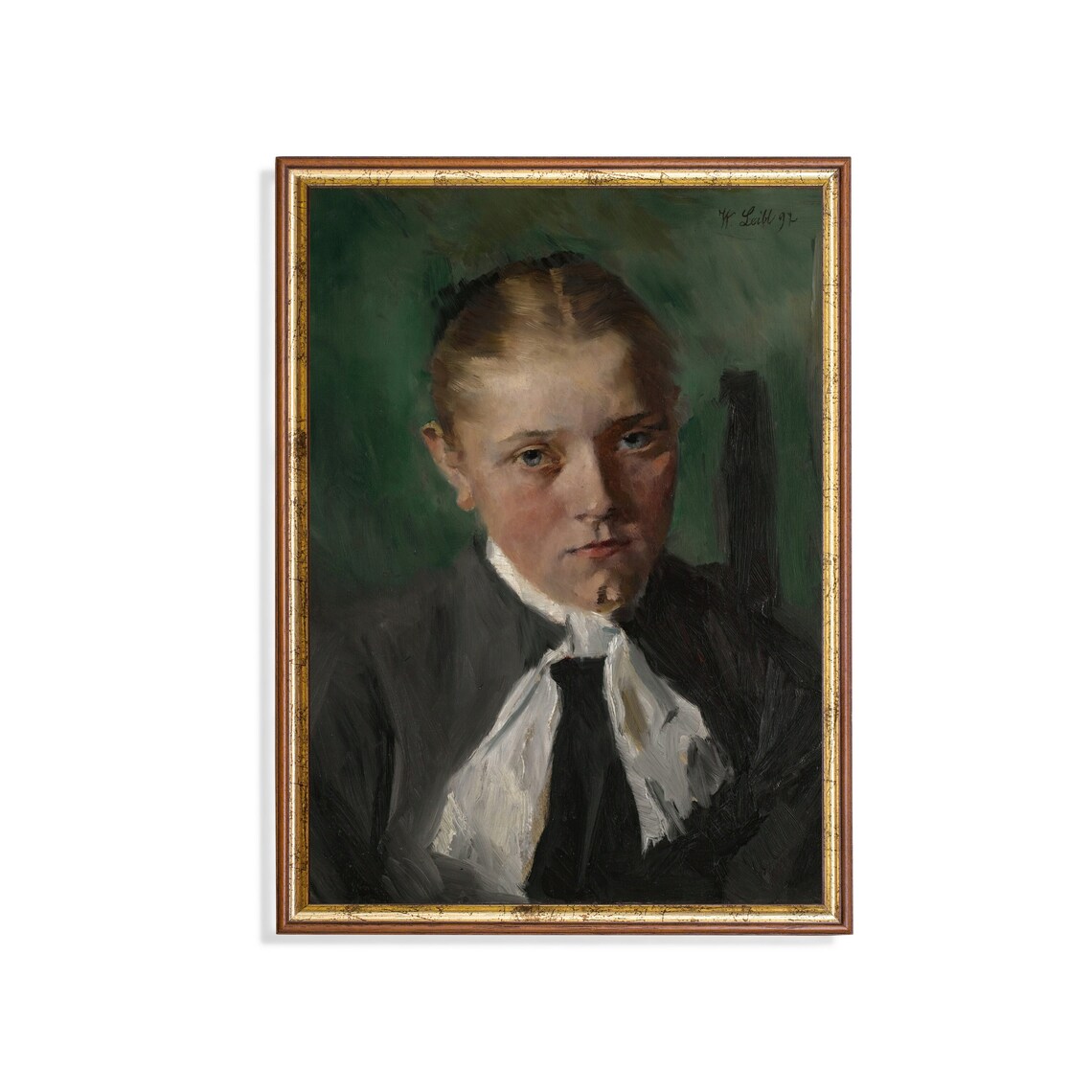 Haunting Portrait of a Young Girl in Dark Dress Signed 1892 Poster