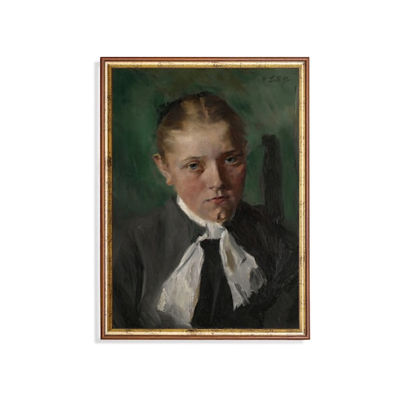 Haunting Portrait of a Young Girl in Dark Dress Signed 1892 Poster