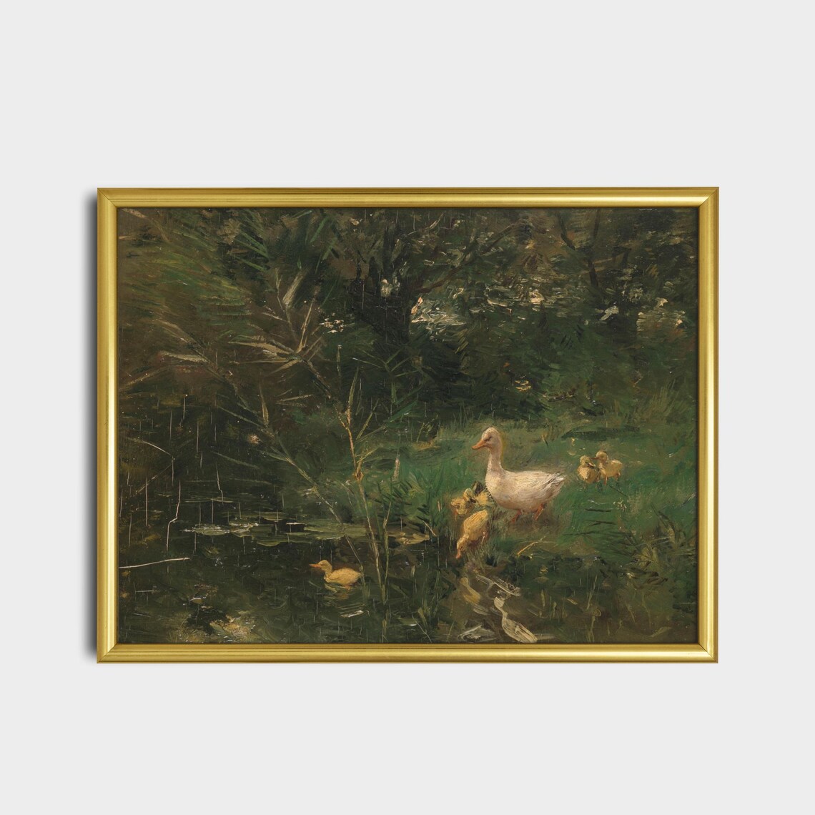 Charming White Duck with Ducklings by a Woodland Pond Vintage Poster - Image 2