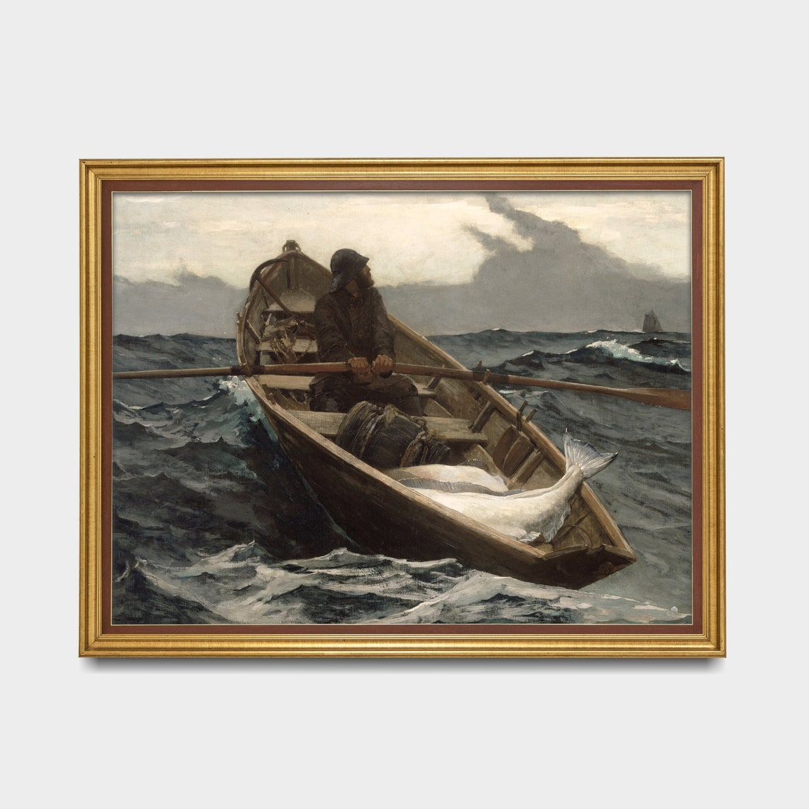 Fisherman Rowing a Small Boat Through Rough Seas With His Catch Poster - Image 3