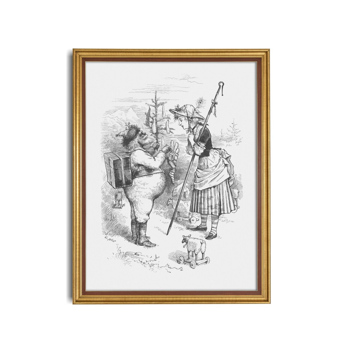 Santa Claus with a Toy Pack Meeting a Girl Vintage Engraving Poster - Image 3