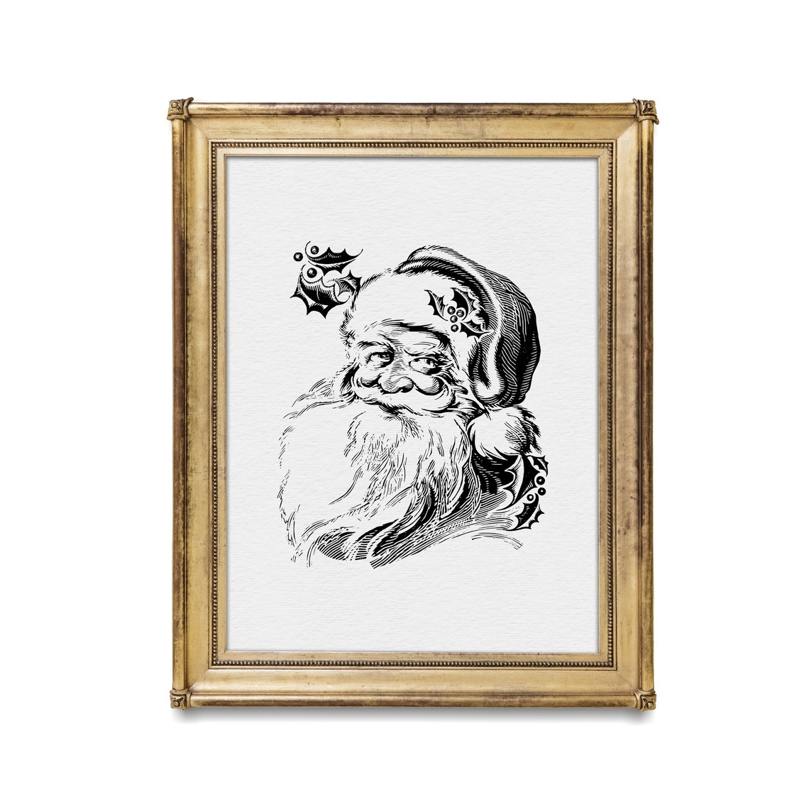 Vintage Santa Claus Face Engraving with Holly Accents Holiday Poster - Image 2