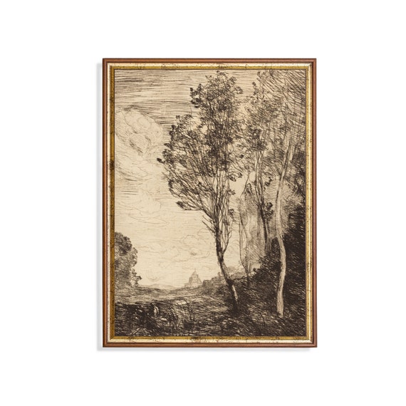 Landscape Sketch Print, Vintage Rustic Country Decor