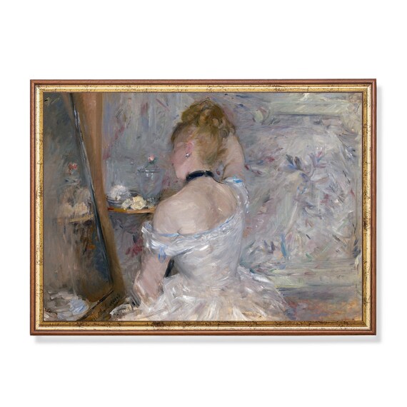 Woman at Her Vanity in White Dress Vintage Impressionist Poster