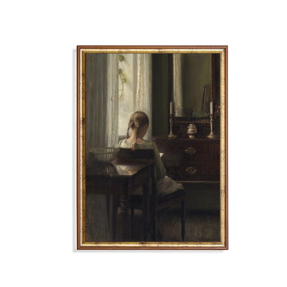 Print And Ship Vintage Portrait Painting Girl Reading A Book Antique Art Print Moody Rustic Art Mailed Print Fine Art