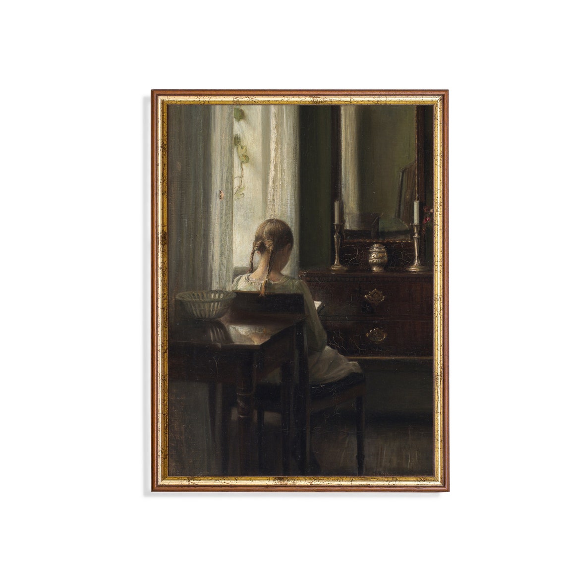 Young Girl Reading at a Table by a Quiet Window Vintage Poster
