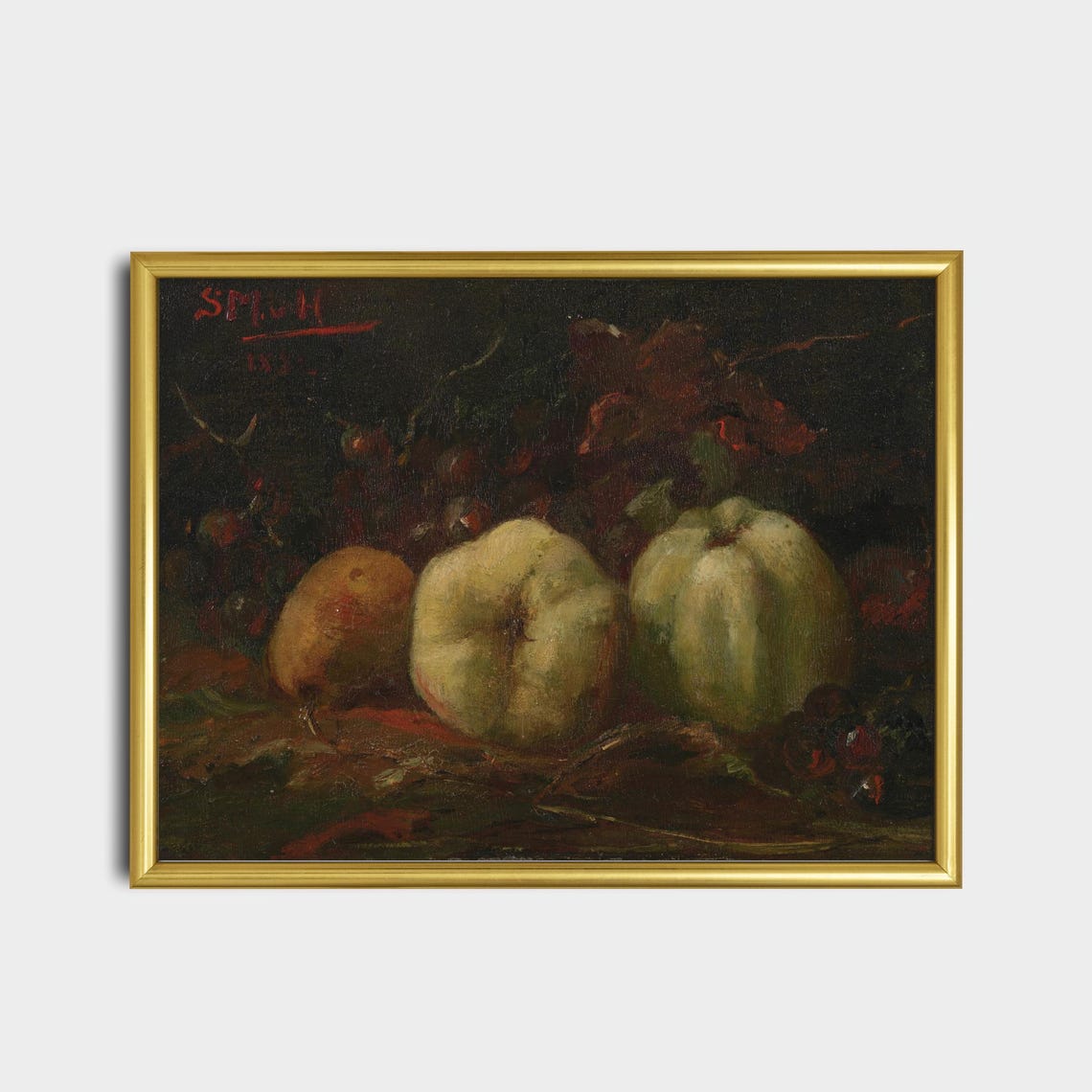 Dark Moody Apples and Pears Still Life Vintage Fruit Art Poster - Image 2