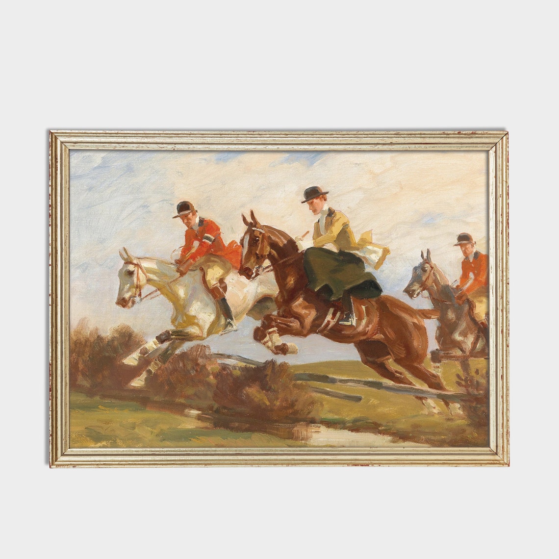 Three Equestrian Riders Jumping The Hedge In Fox Hunt Style Poster - Image 2