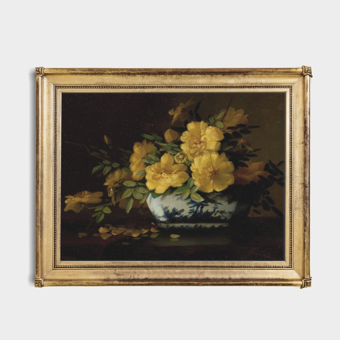 Print And Ship Dark Flower Vintage Painting Vintage Roses Painting Yellow Roses In Vase Moody French Wall Decor Mailed Print - Image 2