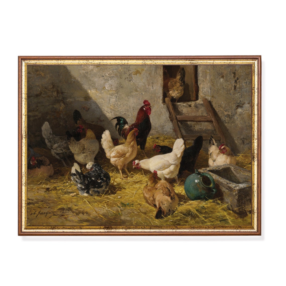 Rooster And Hens In The Straw Barn Signed Ch Jacques Farm Scene Poster