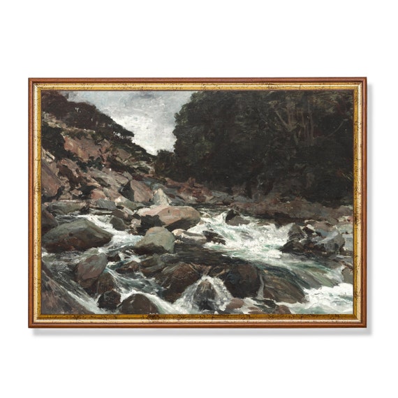 Vintage Landscape Painting Antique Mountain Stream Print Wall Art Farmhouse Decor Rustic Fine Art Print