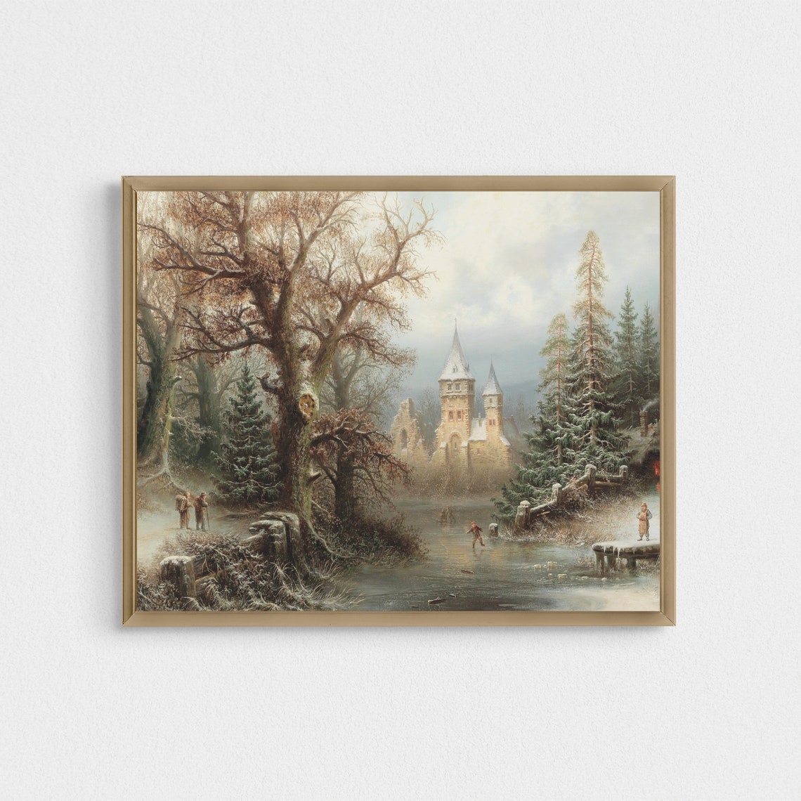 Ice Skaters on Frozen River Below Snowy Castle Winter Poster - Image 3