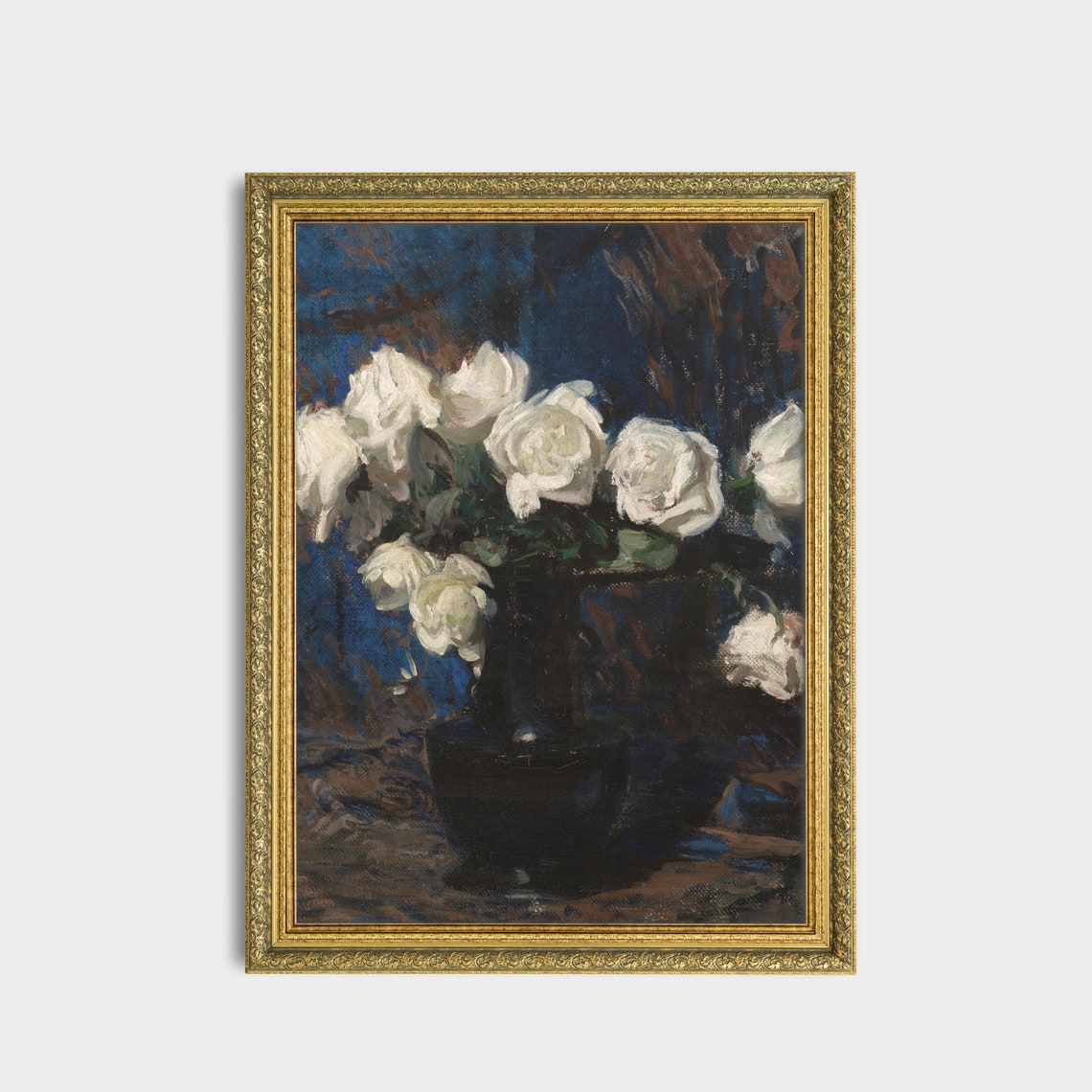 White Roses in a Dark Vase Moody Impressionist Painting Poster - Image 3