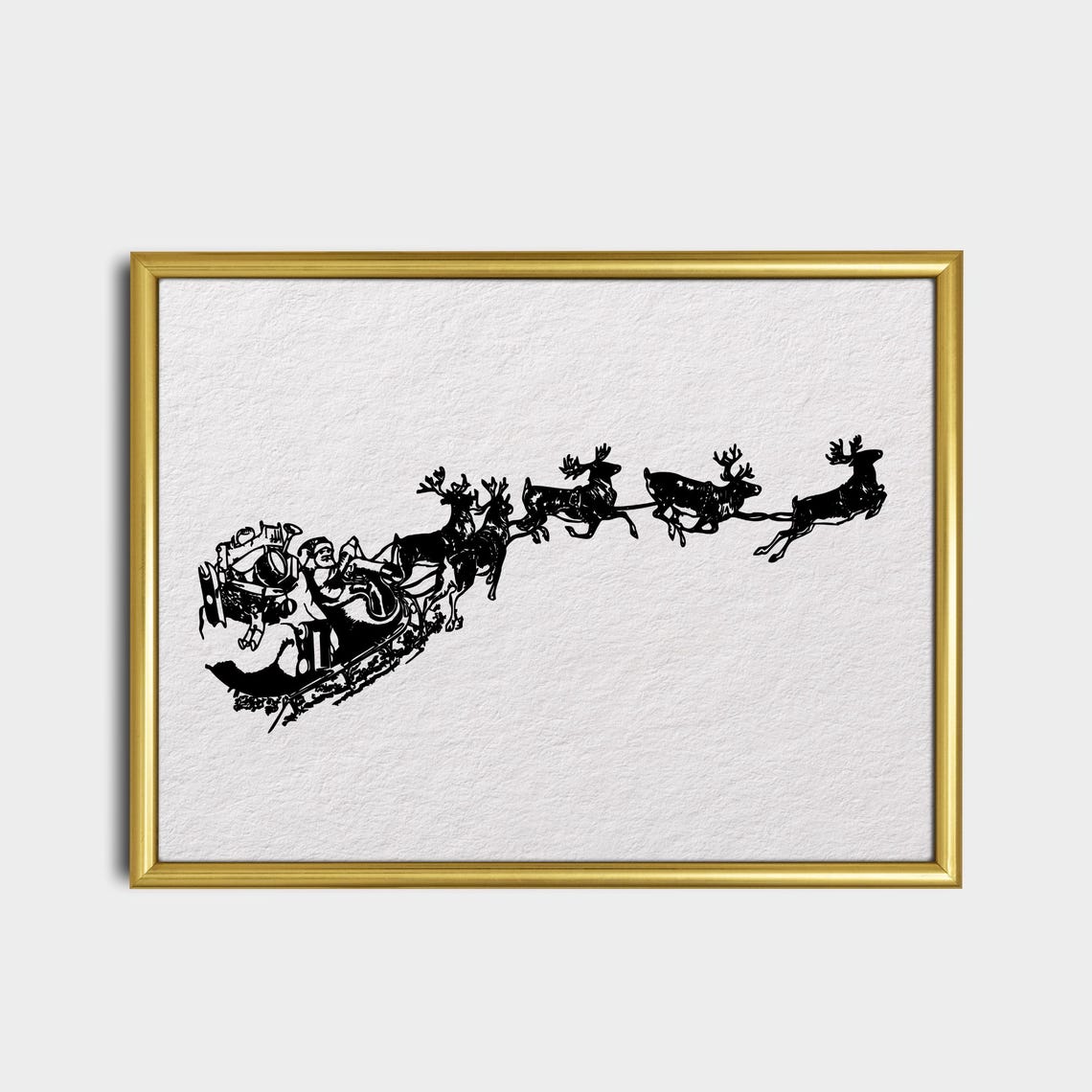 Santa Sleigh Reindeer Silhouette Black Ink Christmas Art Poster - Image 2