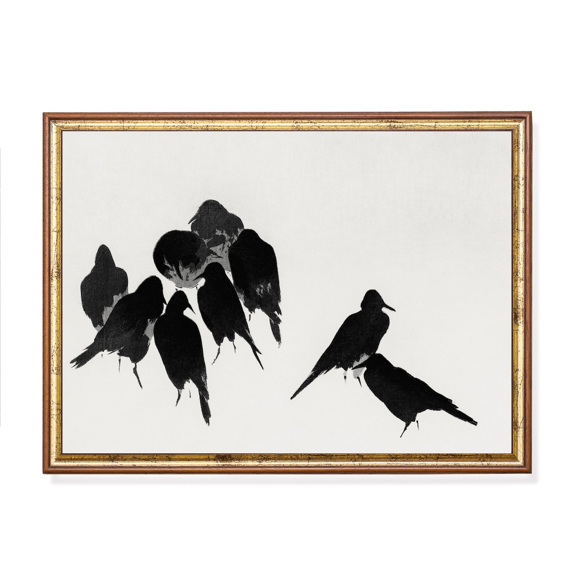 Japanese Ink Wash Painting of a Flock of Black Crows on White Poster