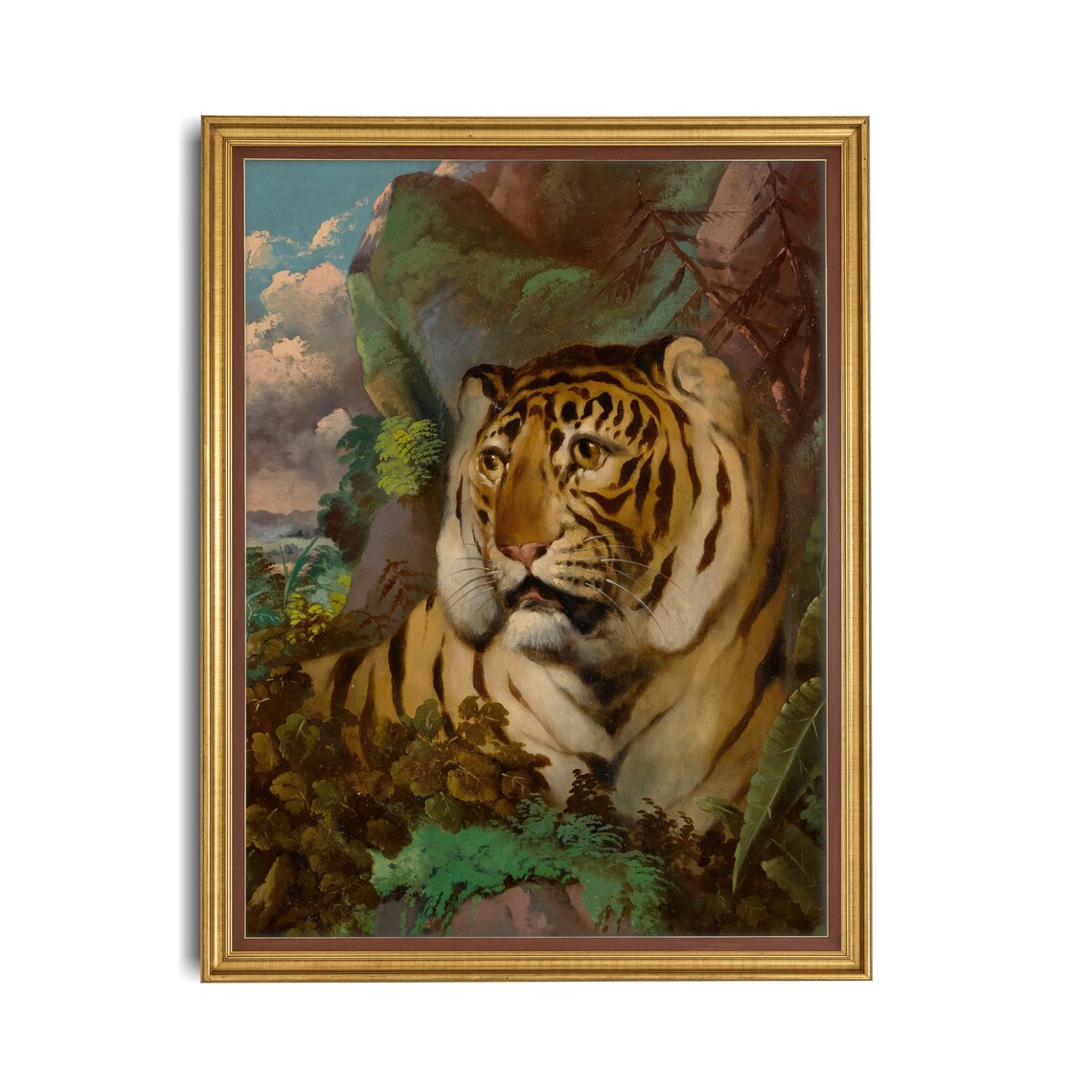 Tiger Resting Among Jungle Foliage Moody Wildlife Painting Poster - Image 2