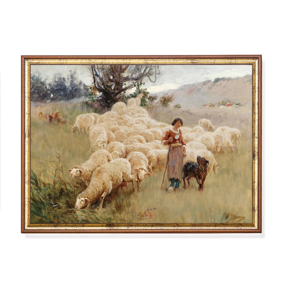 Vintage Shepherdess Guiding Her Flock of Sheep Painting Poster