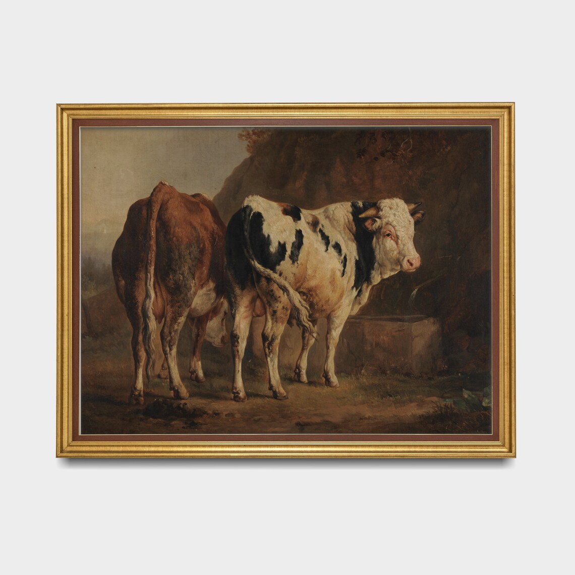 Spotted Bull and Cow in Dark Barn Antique Farm Animal Painting Poster - Image 3