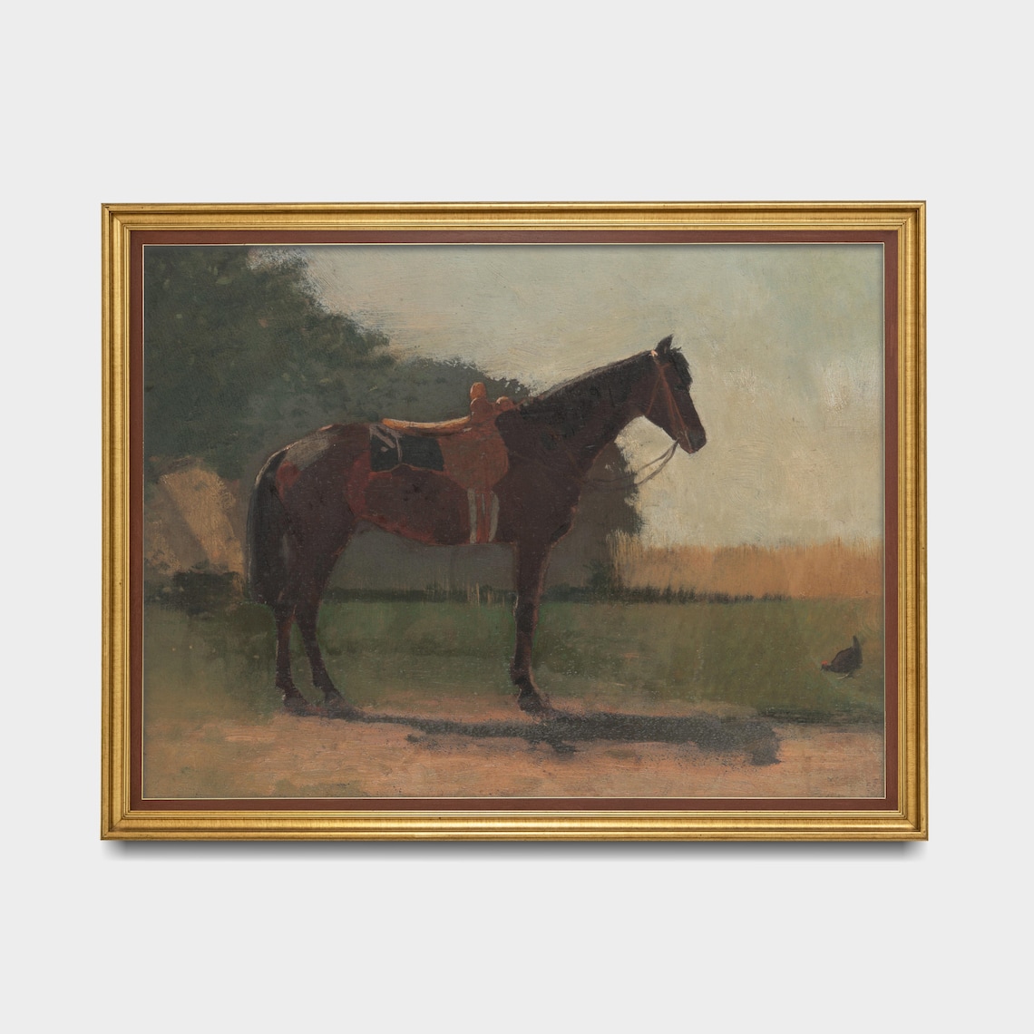 Saddled Bay Horse Standing in a Quiet Pasture Painting Poster - Image 5