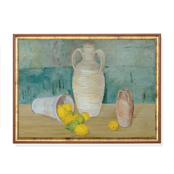 Vintage Still Life With Lemons Antique Fruits Oil Painting Rustic Kitchen Decor Wall Art Fine Art