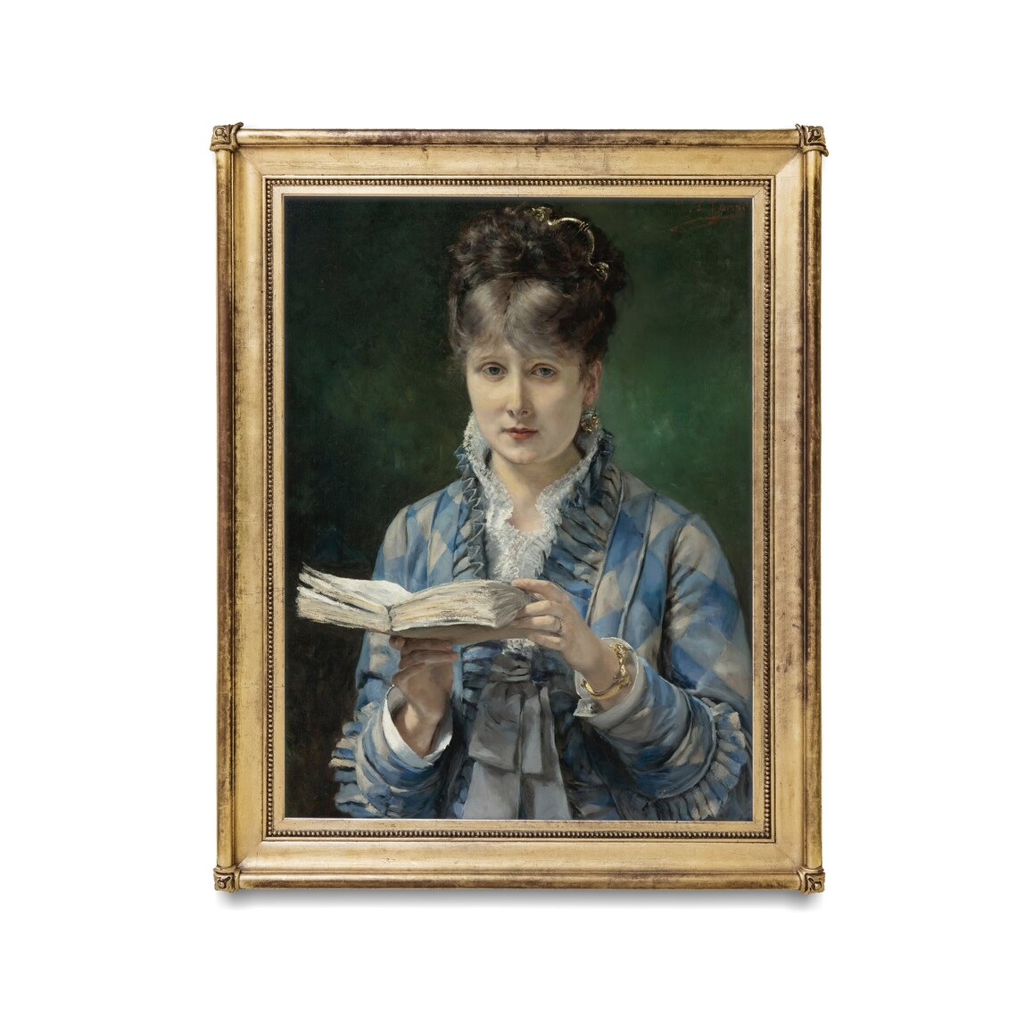 Woman in Blue Ruffled Dress Reading Book Dark Elegant Portrait Poster - Image 3
