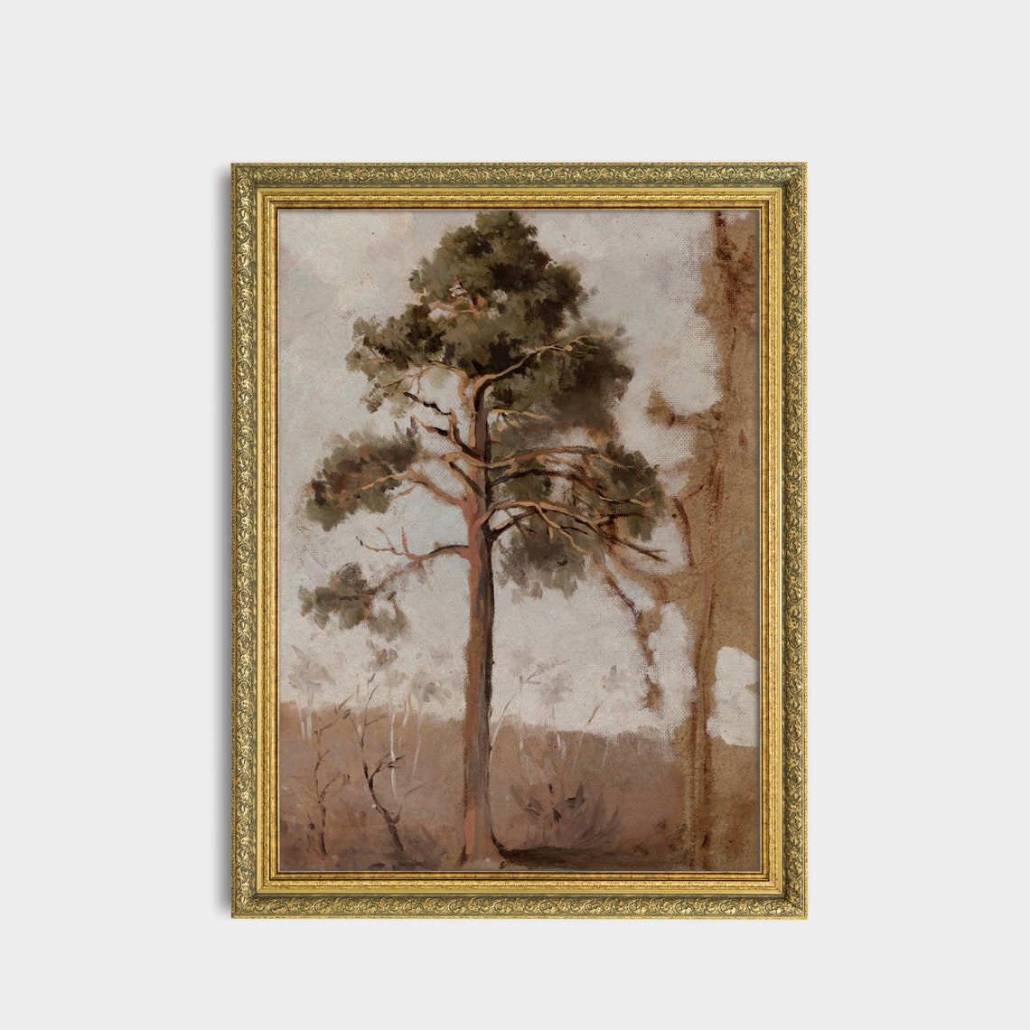 Solitary Pine Tree Study on Aged Toned Paper Antique Art Poster - Image 3
