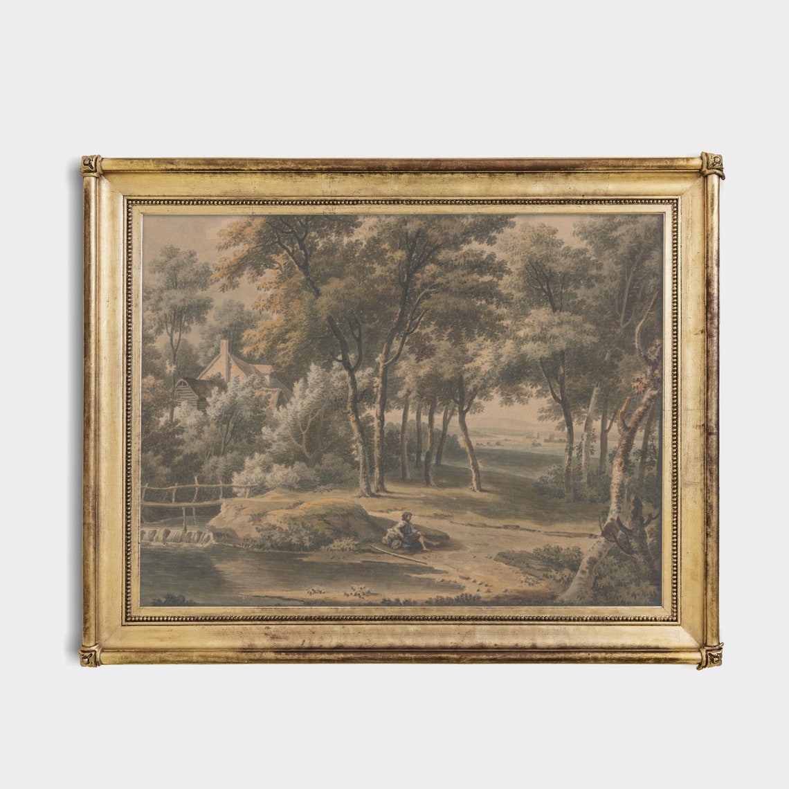 Boy Resting by the River Bridge Vintage Countryside Sketch Art Poster - Image 2