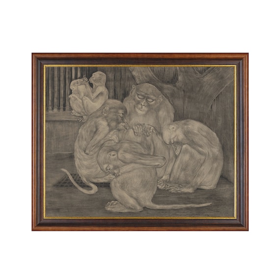 Five Monkeys Resting Moody Charcoal Sketch Antique Drawing Poster