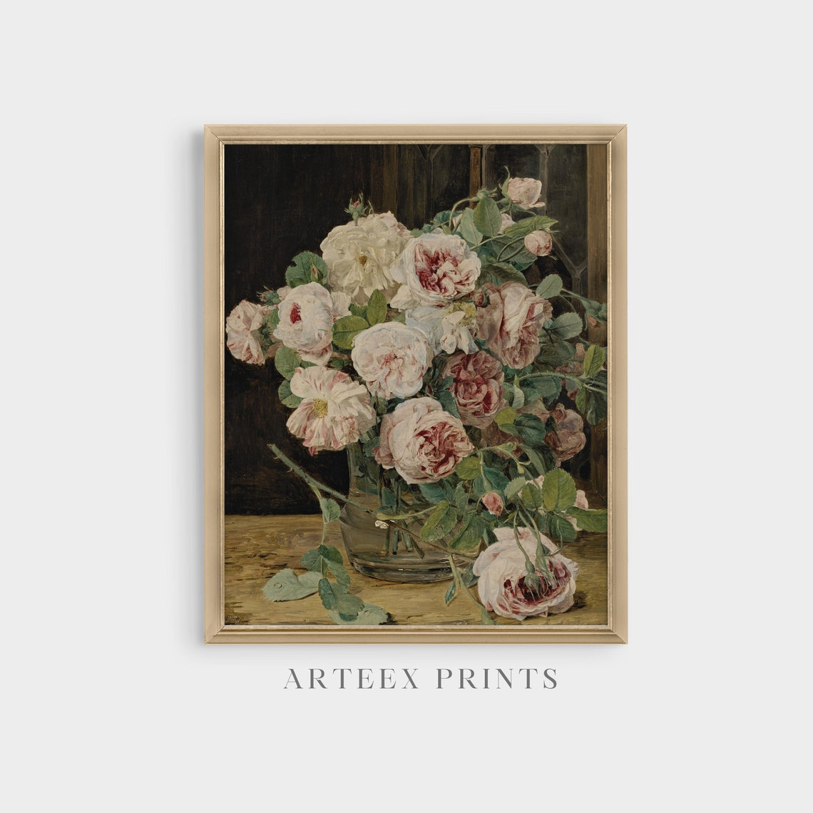 Blush Striped Roses in Glass Vase Before Leaded Window Vintage Poster - Image 3