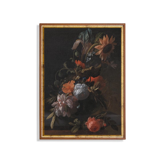 Vintage Still Life With Flowers Antique Floral Painting Moody Rustic Print Wall Art Farmhouse Decor