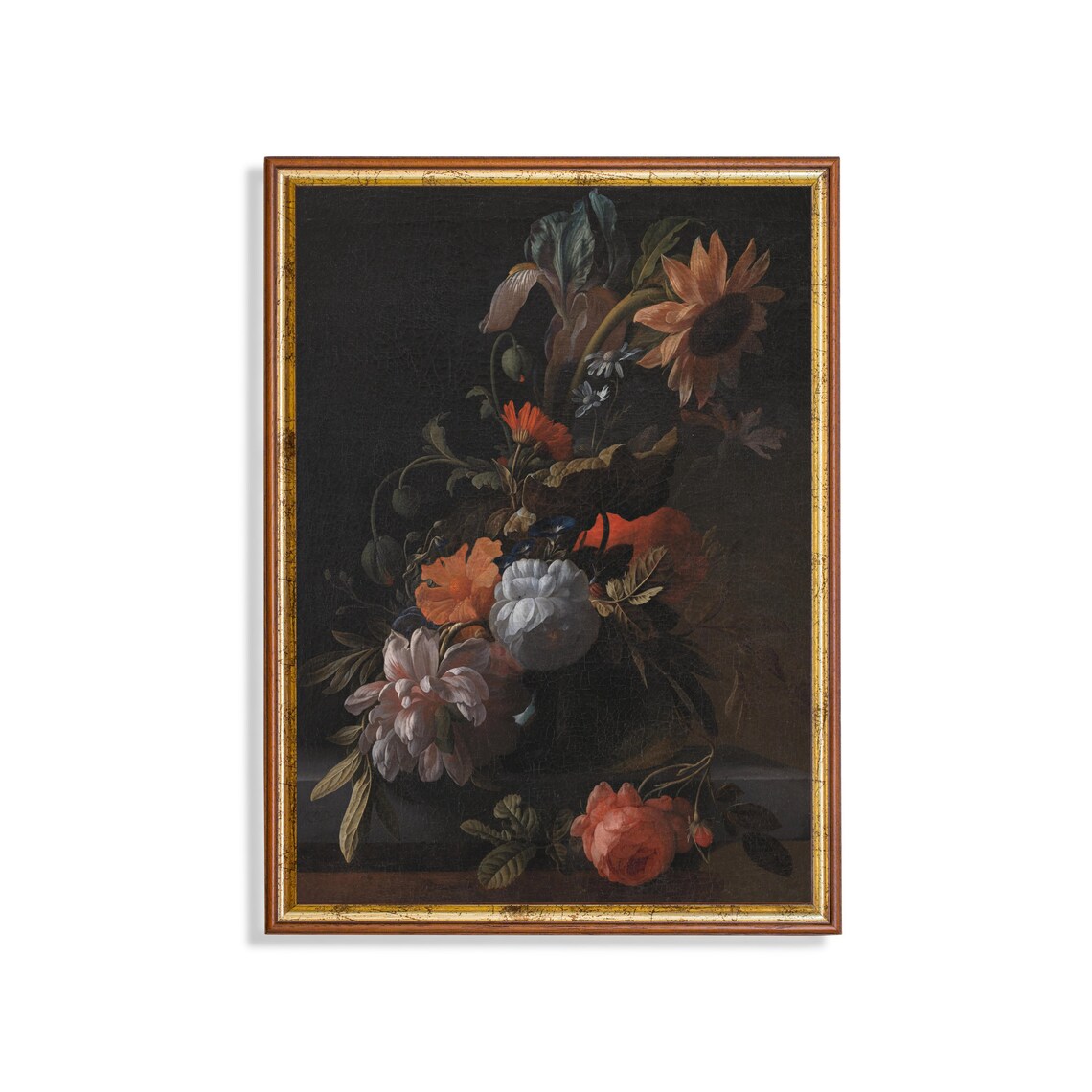 Sunflower and Poppy Bouquet Dark Floral Still Life Antique Poster