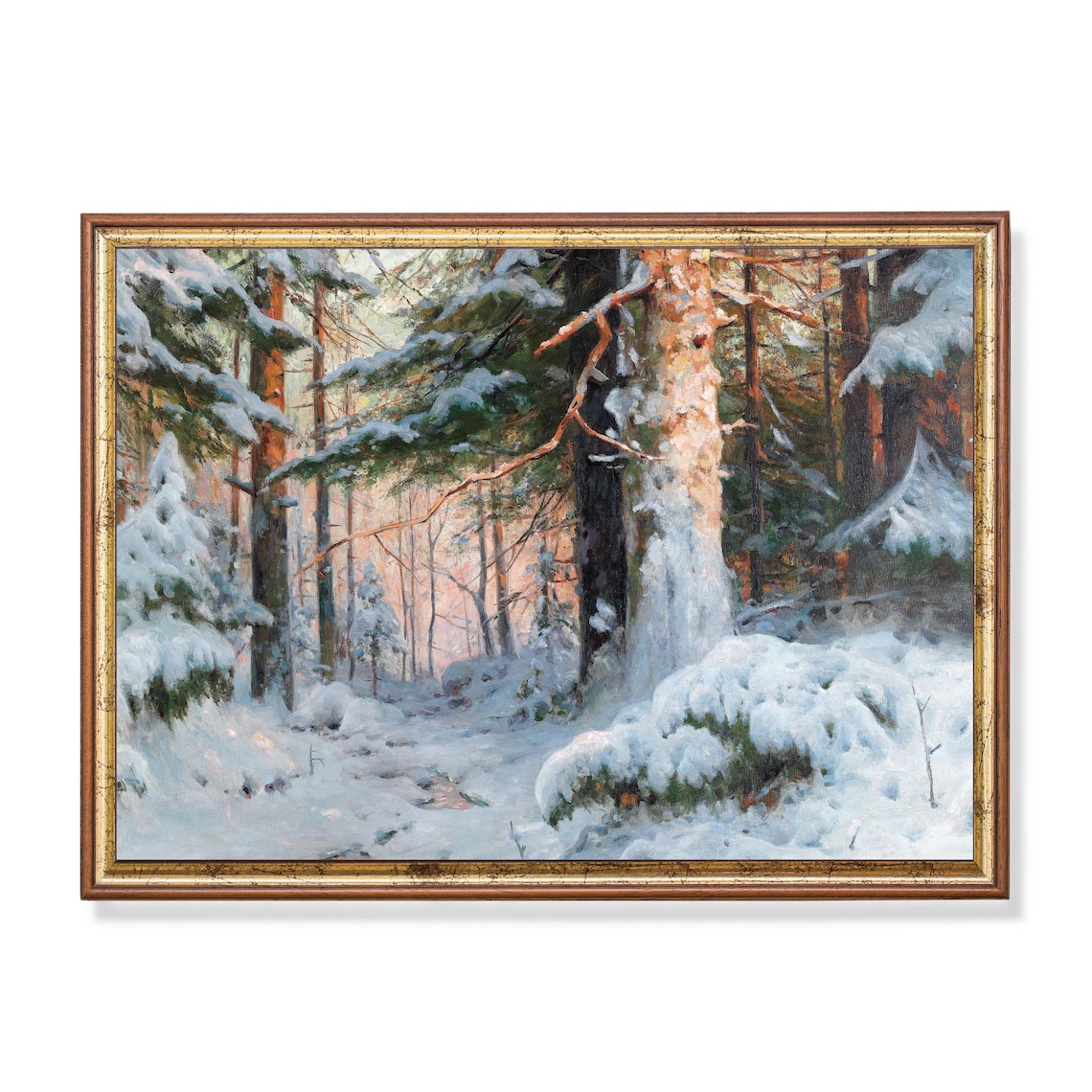 Sunlit Snowy Pine Forest Winter Wonderland Vintage Landscape Poster