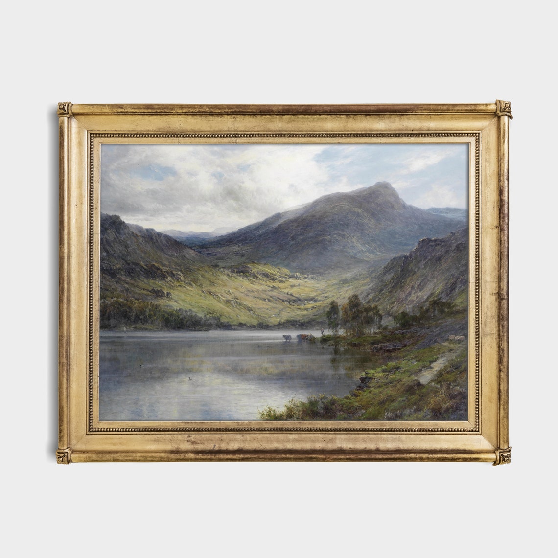 Calm Mountain Lake with Cattle Antique Highland Landscape Poster - Image 2