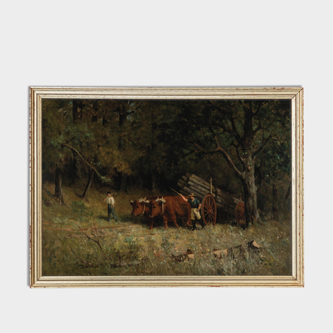 Men with Oxen Hauling Log Cart in Forest Rustic Painting Poster - Image 3