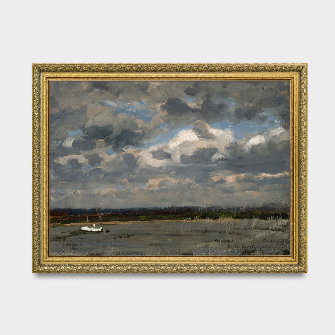 Dramatic Stormy Sky Over Water Painting Moody Clouds Wall Art - Image 2