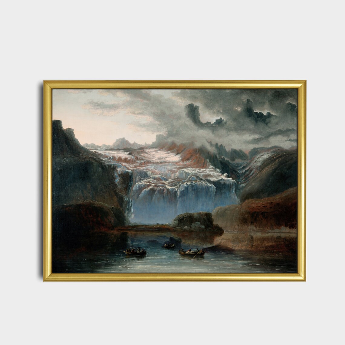 Misty Mountain Waterfalls With Rowboats on a Still Lake Poster - Image 2