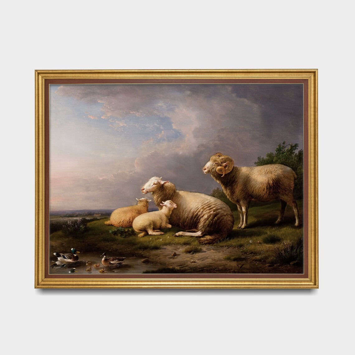 Sheep with Lambs and Ram by a Pond Vintage Pastoral Scene Poster - Image 3