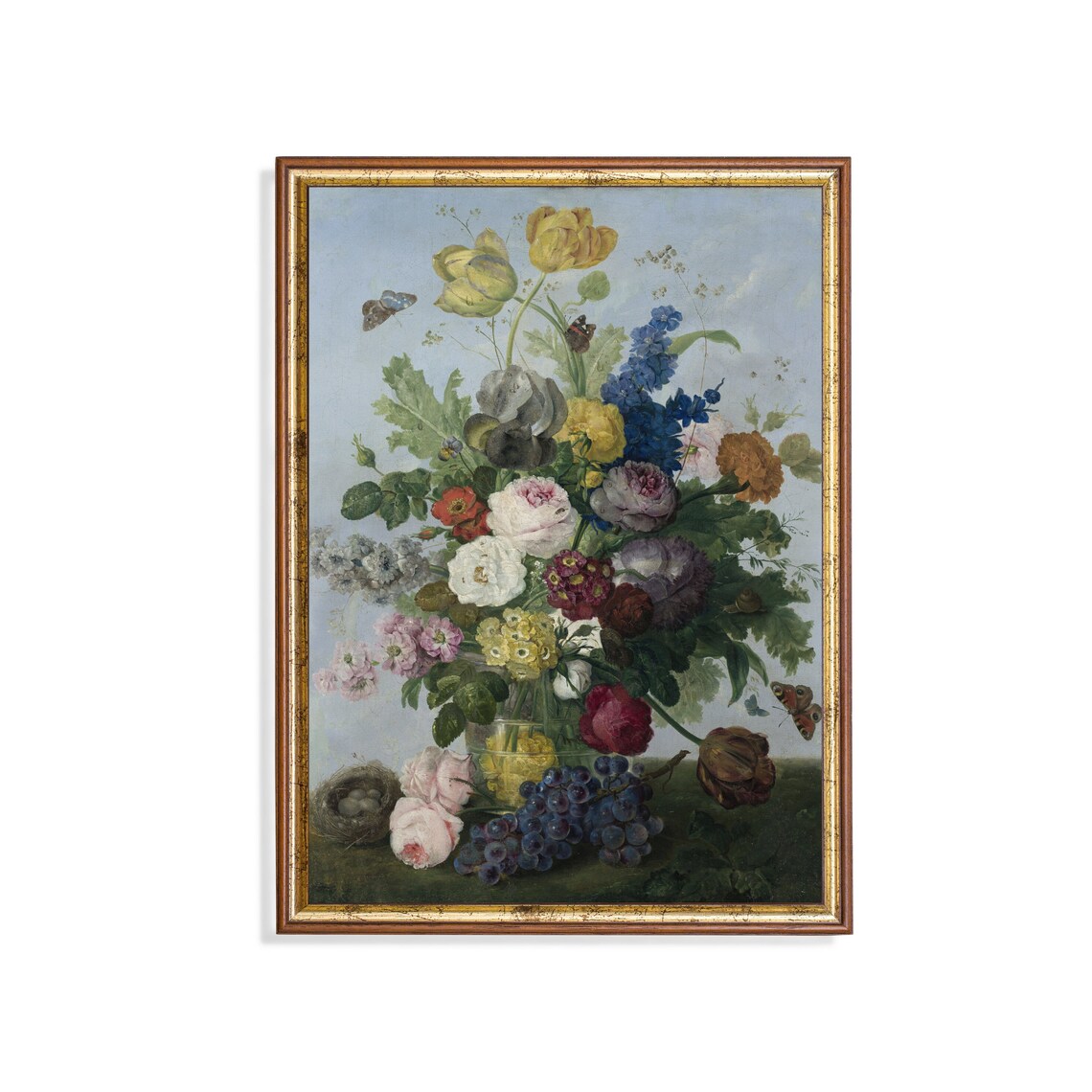 Vintage Dutch Floral Bouquet Still Life With Grapes and Birds Poster