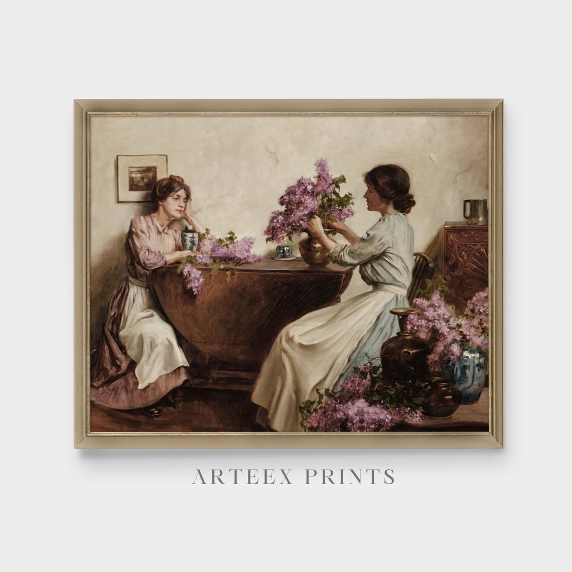 Two Women Arranging Lilacs at a Table Vintage Interior Poster - Image 3
