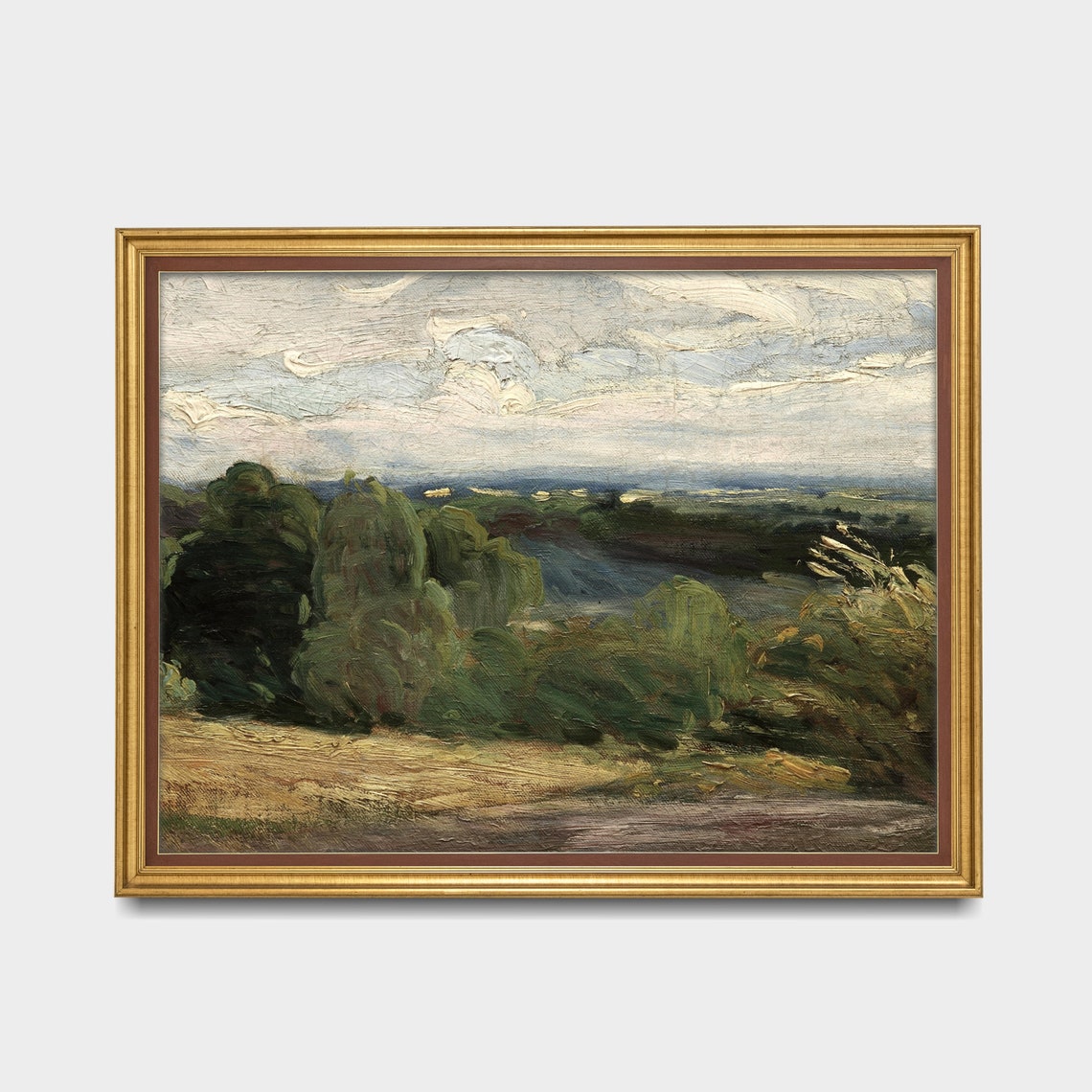Impressionist Hillside Meadow Under Swirling Clouds Painting Poster - Image 2