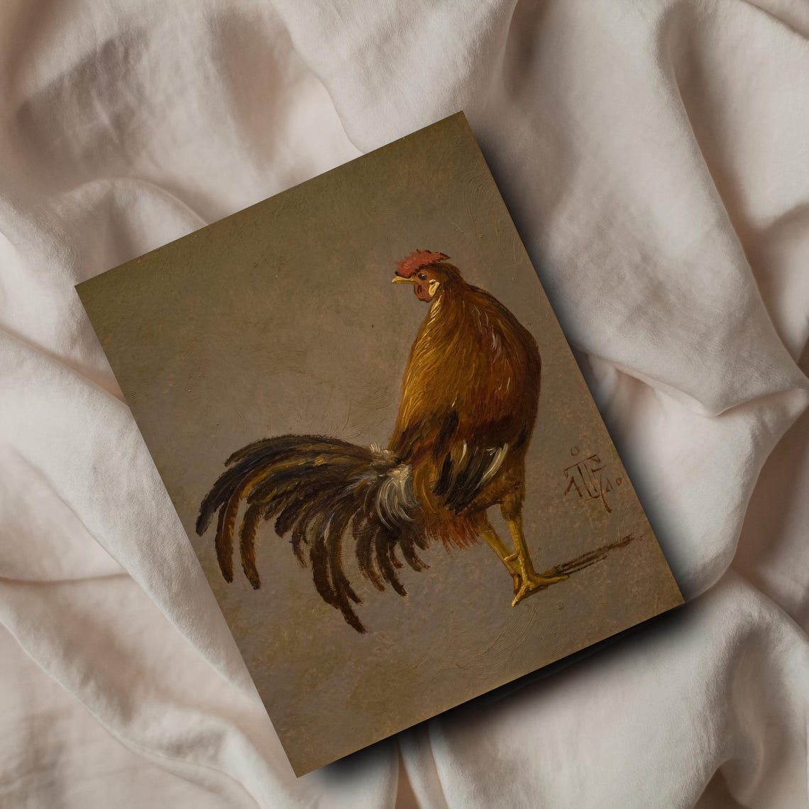 Majestic Chestnut Rooster Portrait Antique Poultry Oil Painting Poster - Image 3