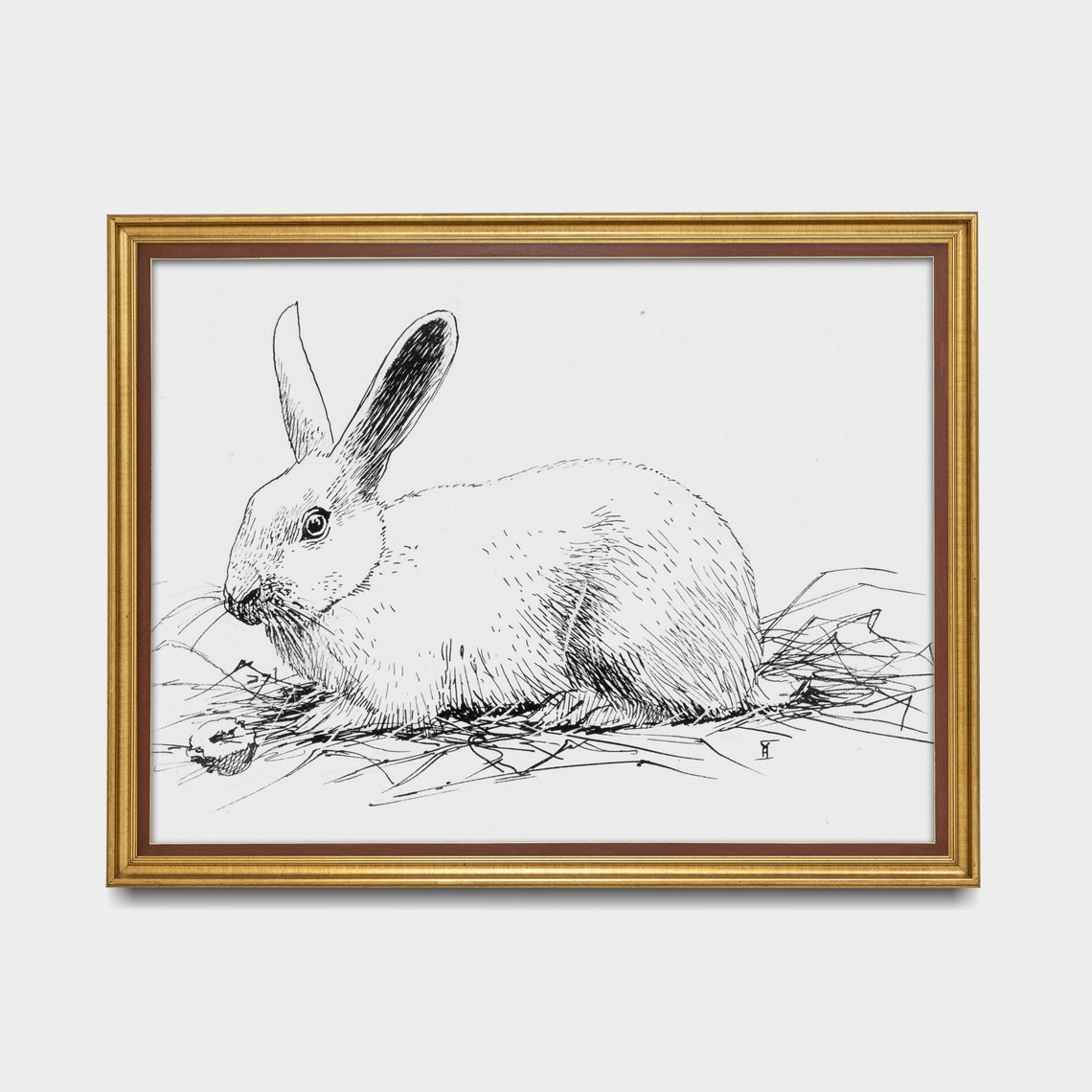 Resting Rabbit in Hay Black and White Pen and Ink Sketch Poster - Image 5