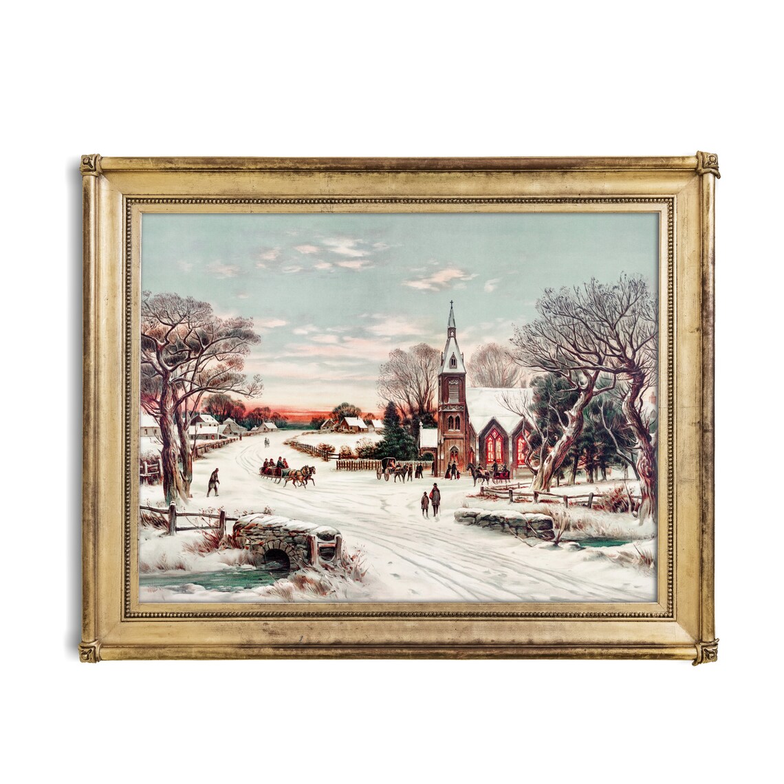 Church in a Snowy New England Village with Sleighs Vintage Poster - Image 3