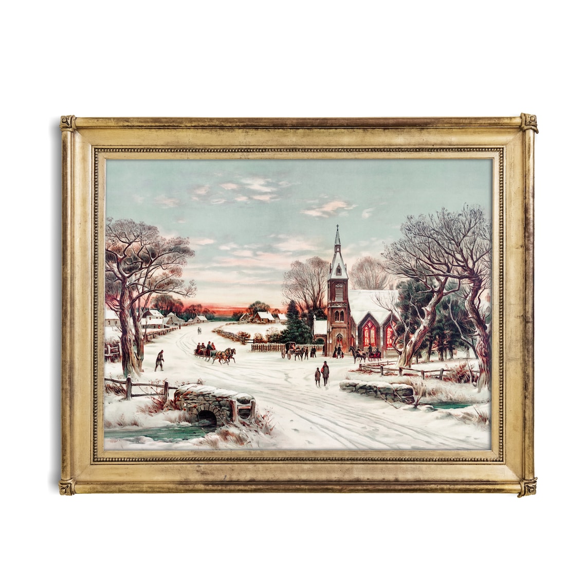 Victorian Christmas Village Church With Horse Sleighs Poster - Image 3