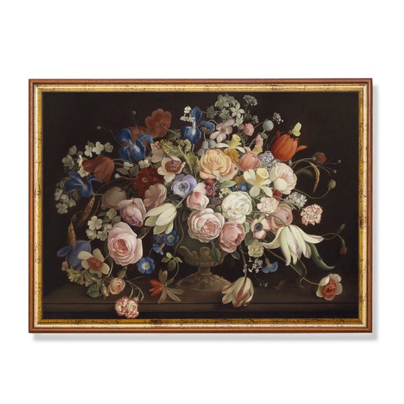 Vintage Still Life With Flowers Antique Floral Print Moody Rustic Fine Art Wall Art Farmhouse Decor
