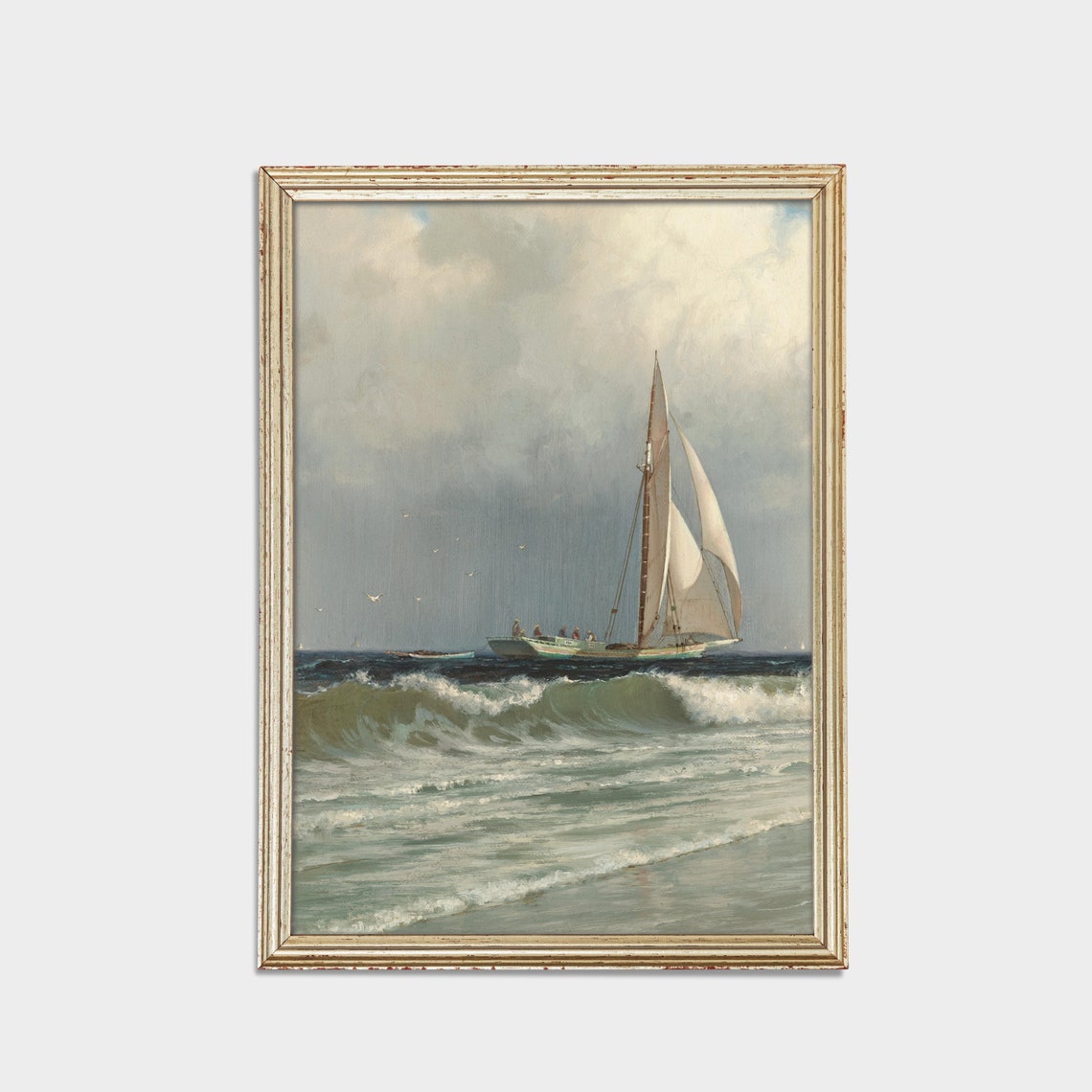 Tall Sloop Sailing Through Ocean Waves Vintage Seascape Oil Poster - Image 2
