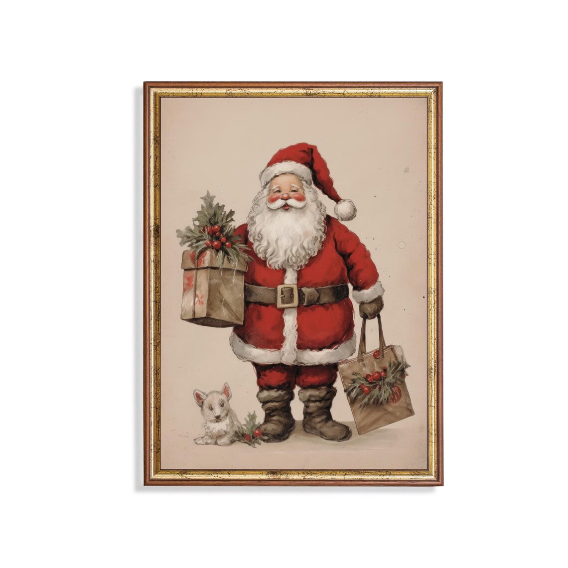 Vintage Santa Claus With Gift Bags And Puppy Christmas Poster