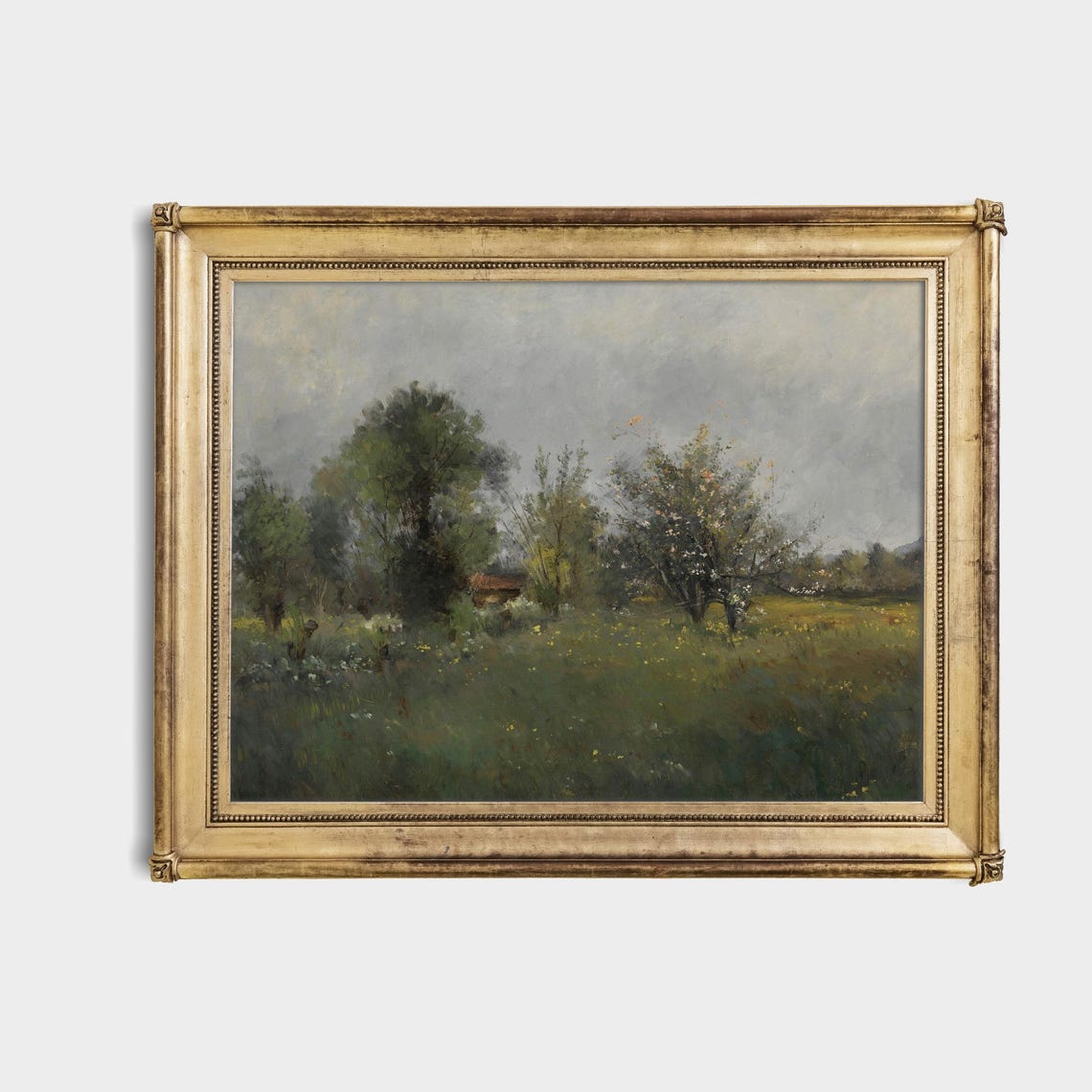 Green Meadow with Trees and a Distant Farm Vintage Landscape Poster - Image 4